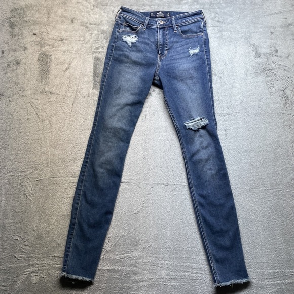 Hollister Jeans Juniors Womens 1 R Blue Denim High Rise Super Skinny Distressed - Picture 1 of 7